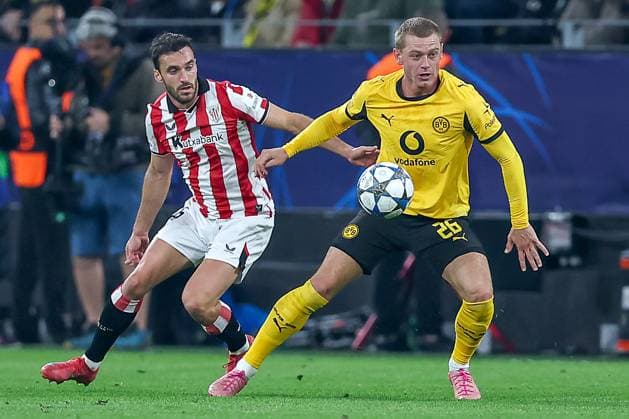 01 10 2025, Football, UEFA Champions League, Borussia Dortmund Athletic Club Bilbao, BVB Stadion, 2 Matchday, Season 2025 2026 Julian Ryerson BVB 26 in duel against Regulations prohibit any use of photographs as image sequences and or quasi video Nordrhein Westfalen Germany
