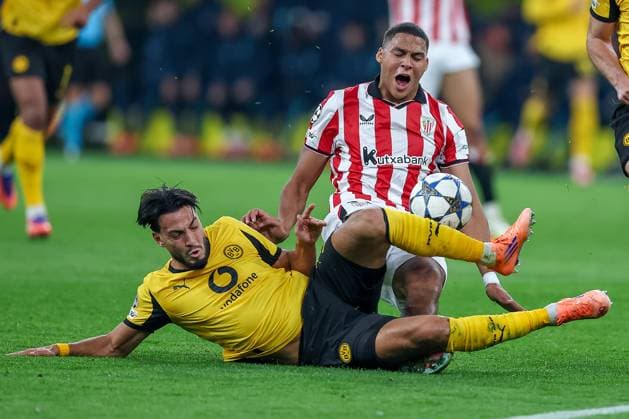 01 10 2025, Football, UEFA Champions League, Borussia Dortmund Athletic Club Bilbao, BVB Stadion, 2 Matchday, Season 2025 2026 Maroan Sannadi Bilbao 21 in duel against Ramy Bensebaini BVB 05 Regulations prohibit any use of photographs as image sequences and or quasi video Nordrhein Westfalen Germany