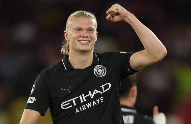 Erling Haaland of Manchester City celebrates scoring a goal to make the score 1-2 Monaco v Manchester City, UEFA Champions League, Group Stage, Football, Stade Louis II, Monaco - 01 Oct 2025Monaco Stade Louis II Monaco EDITORIAL USE ONLY No use with unauthorised audio, video, data, fixture lists, club league logos or live services. Online in-match use limited to 120 images, no video emulation. No use in betting, games or single club league player publications. Copyright: xKieranxMcManus Shutterstockx 15504051au