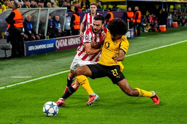 DORTMUND, GERMANY - OCTOBER 1: Inigo Lekue of Athletic Club and Karim Adeyemi of Borussia Dortmund battle for possession during the UEFA Champions League 2025 26 League Phase MD2 match between Borussia Dortmund and Athletic Club at BVB Stadion Dortmund on October 1, 2025 in Dortmund, Germany. (Photo by Rene Nijhuis) SPO  Copyright: xRenexNijhuis
