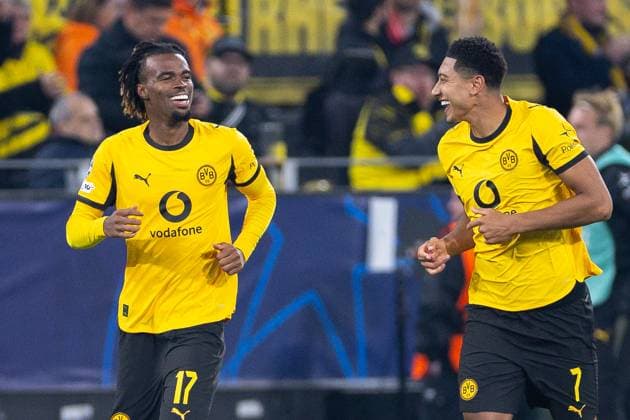 01 10 2025, UEFA Champions League, Matchday 2, Borussia Dortmund Athletic Club Bilbao, v l Carney Chukwuemeka Borussia Dortmund , Jobe Bellingham Borussia Dortmund laugh and cheer the goal for 2 0, Dortmund Signal Iduna Park NRW Germany xRHR PHOTO DEx Copyright: DennisxEwert RHR-FOTOx RHR-FOTO DE