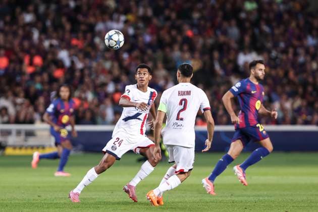 October 1, 2025, Barcelona, Barcelona, SPAIN: Senny Mayulu of Paris Saint-Germain FC in action during the UEFA Champions League 2025 26 League Phase MD2, match between FC Barcelona, Barca and Paris Saint-Germain at Estadi Olimpic Lluis Companys on October 01, 2025 in Barcelona, Spain. Barcelona SPAIN - ZUMAa181 20251001_zaa_a181_028 Copyright: xJavierxBorregox