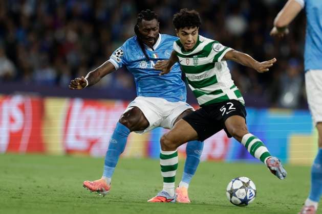 Champions League match SSC Napoli vs Sporting Clube de Portugal Napoli s Cameroonian midfielder Andre Frank Zambo Anguissa challenges for the ball with Sporting s Portuguese midfielder Joao Simoes during the Uefa champions league match between SSC Napoli vs Sporting Clube de Portugal at the Diego Armando Maradona Stadium in Naples on October 1, 2025. _BPH9124 Copyright: xAntonioxBalascox