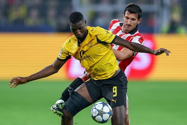 01 10 2025, Football, UEFA Champions League, Borussia Dortmund Athletic Club Bilbao, BVB Stadion, Matchday 2, Season 2025 2026 Serhou Guirassy BVB 09 in a duel against Dani Vivian Bilbao 03 Regulations prohibit any use of photographs as image sequences and or quasi video North Rhine-Westphalia Germany