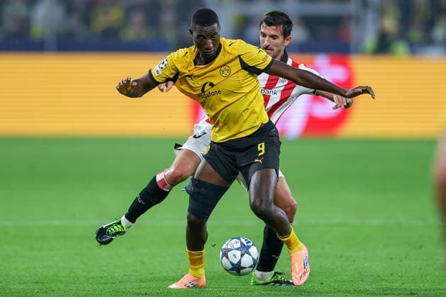 01 10 2025, Football, UEFA Champions League, Borussia Dortmund Athletic Club Bilbao, BVB Stadion, Matchday 2, Season 2025 2026 Serhou Guirassy BVB 09 in a duel against Dani Vivian Bilbao 03 Regulations prohibit any use of photographs as image sequences and or quasi video North Rhine-Westphalia Germany