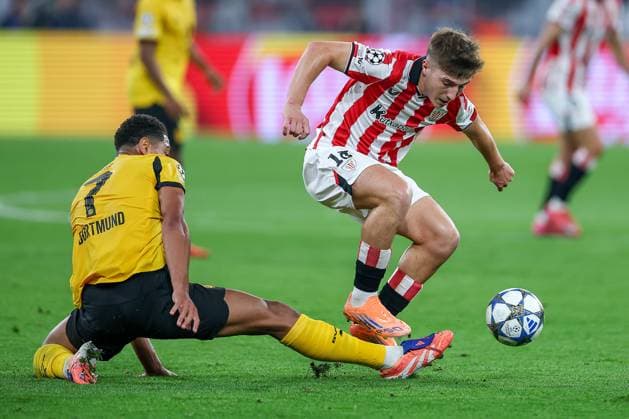 01 10 2025, Football, UEFA Champions League, Borussia Dortmund Athletic Club Bilbao, BVB Stadion, 2 Matchday, Season 2025 2026 Jobe Bellingham BVB 07 in duel against Mikel Jauregizar Bilbao 18 Regulations prohibit any use of photographs as image sequences and or quasi video Nordrhein Westfalen Germany