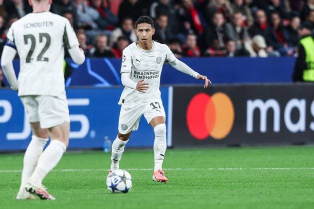 Sport, Football, UEFA Champions League Season 2025 2026 League Phase 2 Matchday Bayer 04 Leverkusen PSV Eindhoven 01 10 2025, BayArena Mauro Junior PSV Eindhoven, 17 Leverkusen BayArena North Rhine-Westphalia Germany