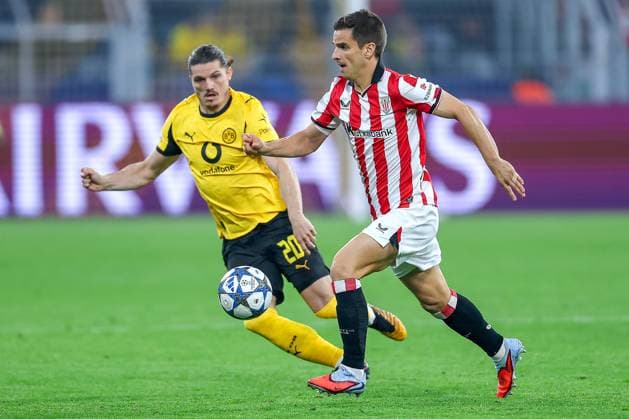 01 10 2025, Football, UEFA Champions League, Borussia Dortmund Athletic Club Bilbao, BVB Stadion, 2 Matchday, Season 2025 2026 Marcel Sabitzer BVB 20 in a duel against Inigo Ruiz de Galarreta Bilbao 16 Regulations prohibit any use of photographs as image sequences and or quasi video North Rhine-Westphalia Germany