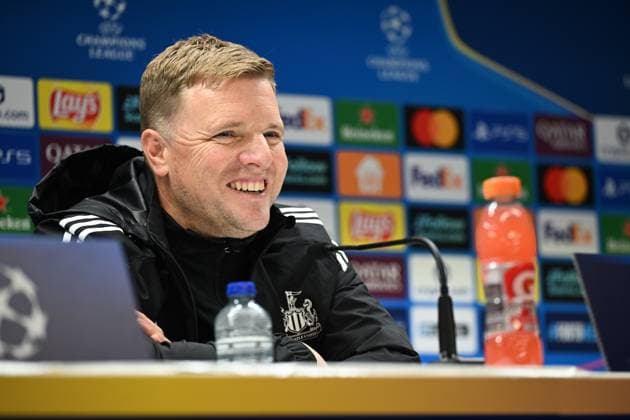 251001 Royale Union Saint-Gilloise vs Newcastle United FC Head Coach Eddie Howe of Newcastle pictured during the post match press conference, PK, Pressekonferenz after the Uefa Champions League second matchday in the League phase game in season 2025 - 2026 between Royale Union Saint-Gilloise and Newcastle United FC on October 1 , 2025 in Anderlecht, Belgium. (Photo by David Catry sportpix) Anderlecht Belgium  Copyright: xDavidxCatryx 20251001DSC_8082