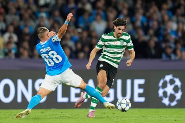 Stanislav Lobotka (SSC Napoli) and Trincao (Sporting CP) battle for the ball, UEFA Champions League 2025 26 League Phase MD2, SSC Napoli v Sporting Clube de Portugal, Diego Armando Maradona Stadium, October 1, 2025, Naples, Italy.