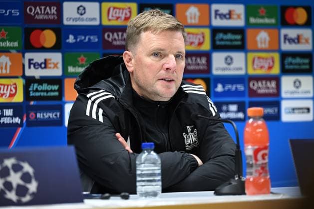 251001 Royale Union Saint-Gilloise vs Newcastle United FC Head Coach Eddie Howe of Newcastle pictured during the post match press conference, PK, Pressekonferenz after the Uefa Champions League second matchday in the League phase game in season 2025 - 2026 between Royale Union Saint-Gilloise and Newcastle United FC on October 1 , 2025 in Anderlecht, Belgium. (Photo by David Catry sportpix) Anderlecht Belgium  Copyright: xDavidxCatryx 20251001DSC_8031
