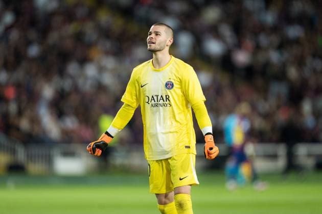 Spain-Football-Champions League-Group Stage FC Barcelona, Barca v PSG in Barcelona, Spain. Barcelona, Spain, 1, October, 2025. PSG player (30) Lucas Chevalier celebrates the draw goal during Champions League match between FC Barcelona and PSG in Olympic Stadium Lluis Companys, Barcelona, Spain, on October 1, 2025. Barcelona Olympic Stadium Lluis Companys Barcelona Spain