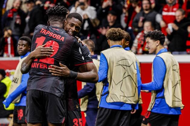 Christian Kofane of Bayer 04 Leverkusen celebrates with Edmond Tapsoba of Bayer 04 Leverkusen after scoring his teams first goal Bayer 04 Leverkusen v PSV Eindhoven, UEFA Champions League 2025 26 League Phase MD2, Bayer 04 Leverkusen v PSV Eindhoven, BayArena, October 1, 2025, Leverkusen, Germany.