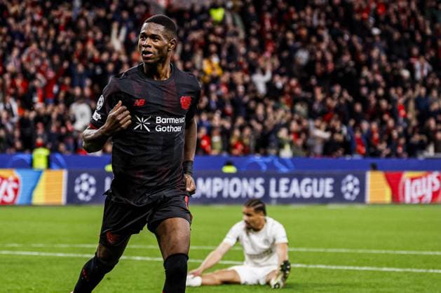Christian Kofane of Bayer 04 Leverkusen celebrates after scoring his teams first goal Bayer 04 Leverkusen v PSV Eindhoven, UEFA Champions League 2025 26 League Phase MD2, Bayer 04 Leverkusen v PSV Eindhoven, BayArena, October 1, 2025, Leverkusen, Germany.