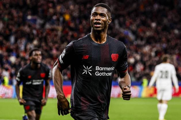 Christian Kofane of Bayer 04 Leverkusen celebrates after scoring his teams first goal Bayer 04 Leverkusen v PSV Eindhoven, UEFA Champions League 2025 26 League Phase MD2, Bayer 04 Leverkusen v PSV Eindhoven, BayArena, October 1, 2025, Leverkusen, Germany.