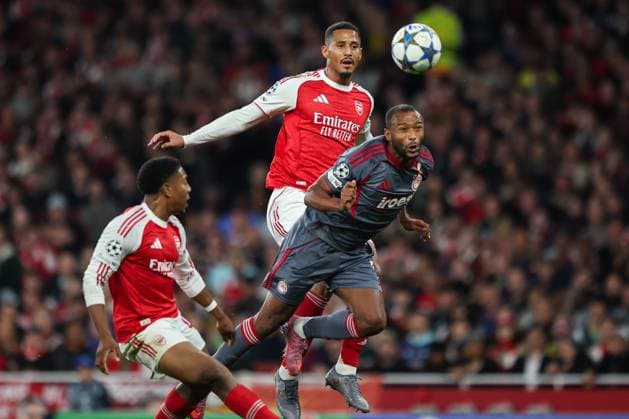 1st October 2025; Emirates Stadium, London, England; Champions League Football, Arsenal versus Olympiakos; Ayoub El Kaabi of Olympiacos takes a header on the Arsenal goal  HenningxvonxJagow