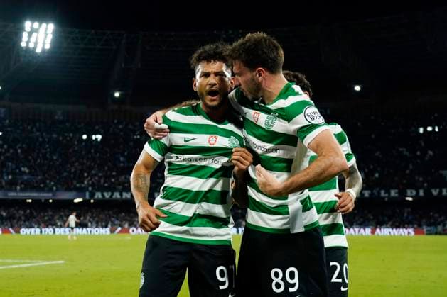 Luis Suarez (Sporting CP) celebrates with Fotis Ioannidis (Sporting CP) and Maximiliano Araujo (Sporting CP) after scoring his team s first goal, UEFA Champions League 2025 26 League Phase MD2, SSC Napoli v Sporting Clube de Portugal, Diego Armando Maradona Stadium, October 1, 2025, Naples, Italy.