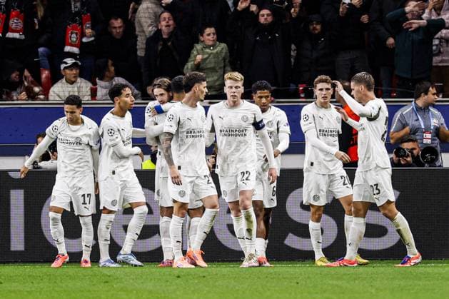 Ismael Saibari of PSV Eindhoven celebrates with teammates after scoring his teams first goal Bayer 04 Leverkusen v PSV Eindhoven, UEFA Champions League 2025 26 League Phase MD2, Bayer 04 Leverkusen v PSV Eindhoven, BayArena, October 1, 2025, Leverkusen, Germany.