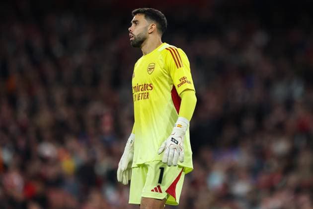 1st October 2025; Emirates Stadium, London, England; Champions League Football, Arsenal versus Olympiakos; David Raya of Arsenal watches play  HenningxvonxJagow