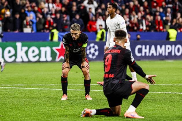 Alejandro Grimaldo of Bayer 04 Leverkusen looks dejected Bayer 04 Leverkusen v PSV Eindhoven, UEFA Champions League 2025 26 League Phase MD2, Bayer 04 Leverkusen v PSV Eindhoven, BayArena, October 1, 2025, Leverkusen, Germany.