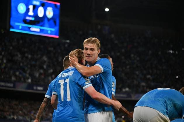 1st October 2025, Stadio Diego Armando Maradona, Naples, Italy; Champions League Football; Napoli versus Sporting Lisbon; Rasmus Hojlund of SSC Napoli celebrates after scoring his goal in the 36th minute for 1-0  AllShotLive