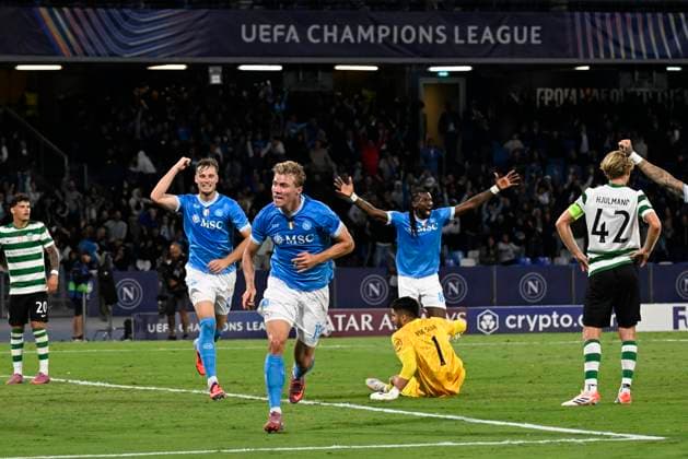 October 1, 2025, Napoli, Italy: Napoli s forward Rasmus Hojlund scores the goal in action during the UEFA Champions League group phase match between SSC Napoli and Sporting CP at ˜ Diego Armando Maradona™ Stadium in Naples, Italy, 1 october 2025 .ANSA CIRO FUSCO. UEFA Champions League Napoli Vs Sporting  - ZUMAa110 20251001_zaf_a110_072 Copyright: xCiroxFuscox