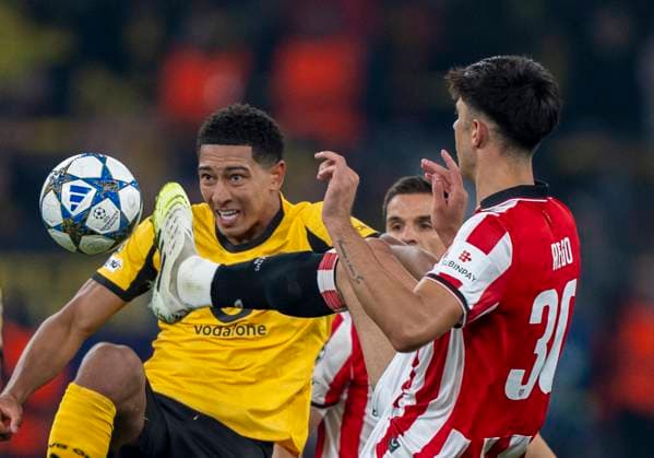 Duel between Jobe BELLINGHAM Borussia Dortmund, 7 and Alejandro Rego Athletic Bilbao, 30 01 10 2025, Borussia Dortmund Athletic Bilbao, Football, UEFA Champions League MD2, Season 2025 2026 DFL regulations prohibit any use of photographs as image sequences and or quasi video Copyright: HMBxMedia xMarcoxBader