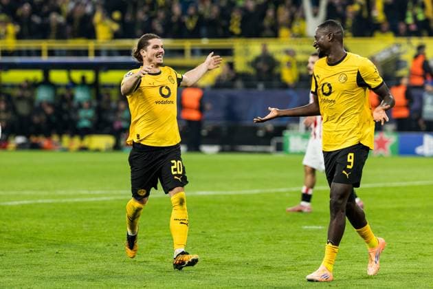 UEFA Champions League, Borussia Dortmund Athletic Club Bilbao 01 10 2025 Serhou Guirassy Borussia Dortmund, 9 , goal, goal celebration with preparation by Marcel Sabitzer Borussia Dortmund, 20 UEFA Champions League, Borussia Dortmund Athletic Club Bilbao, Dortmund, SIGNAL IDUNA PARK on 01 10 2025 Copyright: xBEAUTIFULxSPORTS Wunderlx