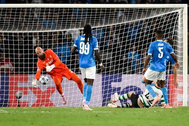 Vanja Milinkovic-Savic of SSC Napoli saves on Morten Hjulmand of Sporting CP during the UEFA Champions League 2025 2026 football match between SSC Napoli and Sporting CP at Diego Armando Maradona stadium in Naples (Italy), October 1, 2025. andreaxstaccioli