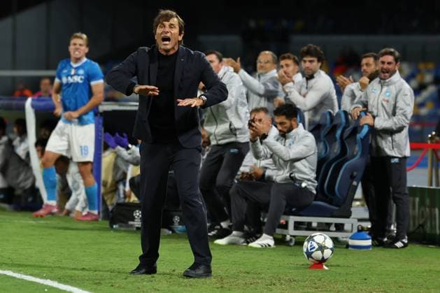 Antonio Conte head coach of SSC Napoli celebrates during the UEFA Champions League 2025 2026 football match between SSC Napoli and Sporting CP at Diego Armando Maradona stadium in Naples (Italy), October 01st, 2025. cesarexpurini