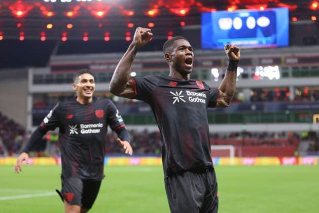 Christian Kofane (Bayer 04 Leverkusen) celebrates after scoring his team s first goal during the UEFA Champions League 2025 26 League Phase MD2 match between Bayer 04 Leverkusen and PSV Eindhoven at BayArena on October 1, 2025 in Leverkusen, Germany. (Photo by Oliver Kaelke DeFodi Images) Christian Kofane Bayer 04 Leverkusen celebrates after scoring his team s first goal during the UEFA Champions League 2025 26 League Phase MD2 match between Bayer 04 Leverkusen and PSV Eindhoven at BayArena on October 1, 2025 in Leverkusen, Germany Photo by Oliver Kaelke DeFodi Images