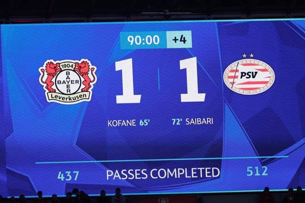LEVERKUSEN , 01-10-2025 , BayArena , season 2025 2026 , UEFA Champions League football League phase matchday 2 , match between Bayer Leverkusen and PSV , picture shows 1-1 score Leverkusen - PSV  x31311744x Copyright: