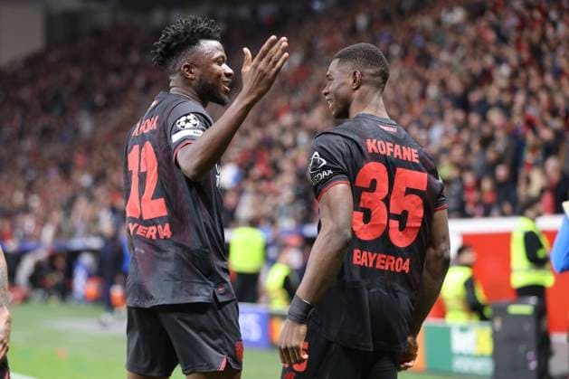 Christian Kofane (Bayer 04 Leverkusen) celebrates after scoring his team s first goal with teammates during the UEFA Champions League 2025 26 League Phase MD2 match between Bayer 04 Leverkusen and PSV Eindhoven at BayArena on October 1, 2025 in Leverkusen, Germany. (Photo by Oliver Kaelke DeFodi Images) Christian Kofane Bayer 04 Leverkusen celebrates after scoring his team s first goal with teammates during the UEFA Champions League 2025 26 League Phase MD2 match between Bayer 04 Leverkusen and PSV Eindhoven at BayArena on October 1, 2025 in Leverkusen, Germany Photo by Oliver Kaelke DeFodi Images