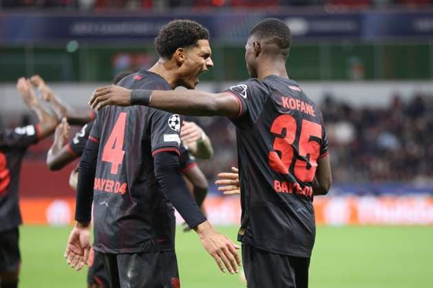 Christian Kofane (Bayer 04 Leverkusen) celebrates after scoring his team s first goal with teammates during the UEFA Champions League 2025 26 League Phase MD2 match between Bayer 04 Leverkusen and PSV Eindhoven at BayArena on October 1, 2025 in Leverkusen, Germany. (Photo by Oliver Kaelke DeFodi Images) Christian Kofane Bayer 04 Leverkusen celebrates after scoring his team s first goal with teammates during the UEFA Champions League 2025 26 League Phase MD2 match between Bayer 04 Leverkusen and PSV Eindhoven at BayArena on October 1, 2025 in Leverkusen, Germany Photo by Oliver Kaelke DeFodi Images