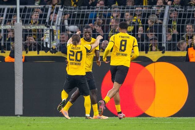01 10 2025, UEFA Champions League, Matchday 2, Borussia Dortmund Athletic Club Bilbao, f l Marcel Sabitzer Borussia Dortmund , Serhou Guirassy Borussia Dortmund , Felix Nmecha Borussia Dortmund celebrate the goal for 3 1, Dortmund Signal Iduna Park NRW Germany xRHR PHOTO DEx Copyright: DennisxEwert RHR-FOTOx RHR-FOTO DE