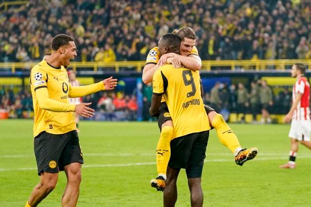 Serhou Guirassy (Borussia Dortmund) celebrates after scoring his team s third goal with teammates during the UEFA Champions League 2025 26 League Phase MD2 match between Borussia Dortmund and Athletic Club at BVB Stadion Dortmund on October 1, 2025 in Dortmund, Germany. (Photo by Alex Gottschalk DeFodi Images) Serhou Guirassy Borussia Dortmund celebrates after scoring his team s third goal with teammates during the UEFA Champions League 2025 26 League Phase MD2 match between Borussia Dortmund and Athletic Club at BVB Stadion Dortmund on October 1, 2025 in Dortmund, Germany Photo by Alex Gottschalk DeFodi Images