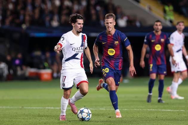 October 1, 2025, Barcelona, Barcelona, SPAIN: Vitinha of Paris Saint-Germain FC and Dani Olmo of FC Barcelona, Barca in action during the UEFA Champions League 2025 26 League Phase MD2, match between FC Barcelona and Paris Saint-Germain at Estadi Olimpic Lluis Companys on October 01, 2025 in Barcelona, Spain. Barcelona SPAIN - ZUMAa181 20251001_zaa_a181_054 Copyright: xJavierxBorregox