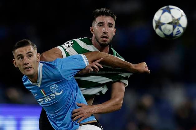 Champions League match SSC Napoli vs Sporting Clube de Portugal Napoli s Italian forward Lorenzo Lucca challenges for the ball with Sporting s Portuguese defender Goncalo Inacio during the Uefa champions league match between SSC Napoli vs Sporting Clube de Portugal at the Diego Armando Maradona Stadium in Naples on October 1, 2025. _BPH2244 Copyright: xAntonioxBalascox