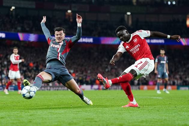 UEFA Champions League Arsenal v Olympiakos FC Bukayo Saka of Arsenal scores to make it 2-0 during the UEFA Champions League match Arsenal vs Olympiakos FC at Emirates Stadium, London, United Kingdom, 1st October 2025 (Photo by Harvey Murphy News Images) Copyright: xHarveyxMurphy NewsxImagesx