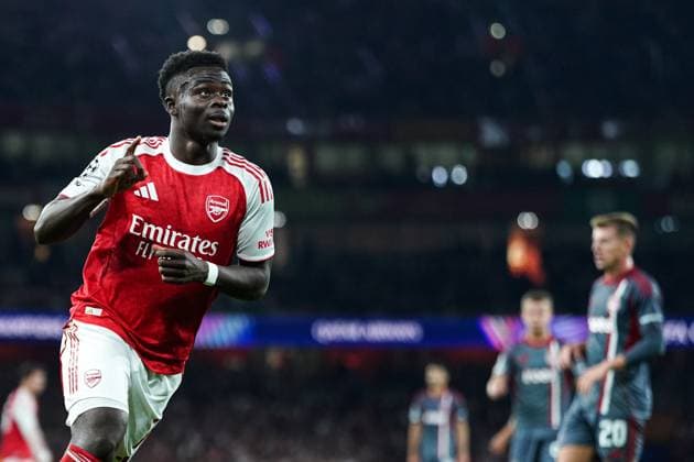 UEFA Champions League Arsenal v Olympiakos FC Bukayo Saka of Arsenal celebrates goal to make it 2-0 during the UEFA Champions League match Arsenal vs Olympiakos FC at Emirates Stadium, London, United Kingdom, 1st October 2025 (Photo by Harvey Murphy News Images) Copyright: xHarveyxMurphy NewsxImagesx