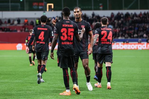Sport, Football, UEFA Champions League Season 2025 2026 League Phase 2 Matchday Bayer 04 Leverkusen PSV Eindhoven 01 10 2025, BayArena Goal celebration Bayer 04 Leverkusen after the goal to 1 0 by Christian Kofane Bayer 04 Leverkusen, 35 , the scorer is happy Leverkusen BayArena Nordrhein Westfalen Germany