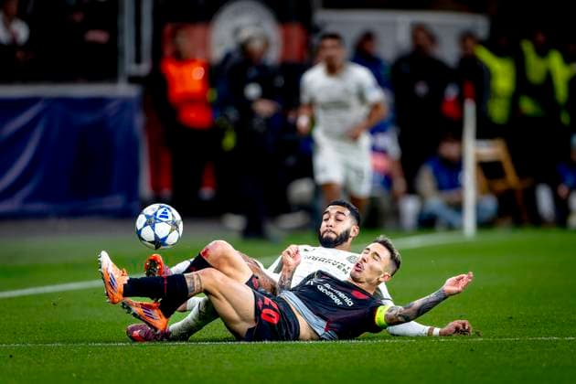 PSV Eindhoven midfielder Ismael Saibari, Bayer 04 Leverkusen defender Alejandro Grimaldo during the match Bayer 04 Leverkusen vs PSV Eindhoven at the Bay Arena for the Champions League - League phase - Matchday 2 season 2025-2026 in LEVERKUSEN, Germany on 20 september 2025, (photo by Marcel van Dorst EYE4images DeFodi Images) PSV Eindhoven midfielder Ismael Saibari, Bayer 04 Leverkusen defender Alejandro Grimaldo during the match Bayer 04 Leverkusen vs PSV Eindhoven at the Bay Arena for the Champions League League phase Matchday 2 season 2025 2026 in LEVERKUSEN, Germany on 20 september 2025, photo by Marcel van Dorst EYE4images DeFodi Images
