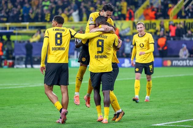 01 10 2025, Football, UEFA Champions League, Borussia Dortmund Athletic Club Bilbao, BVB Stadion, Matchday 2, Season 2025 2026 Goal celebration after the goal to 3 1 by scorer Marcel Sabitzer BVB 20 together with Serhou Guirassy BVB 09 Regulations prohibit any use of photographs as image sequences and or quasi video Nordrhein Westfalen Germany