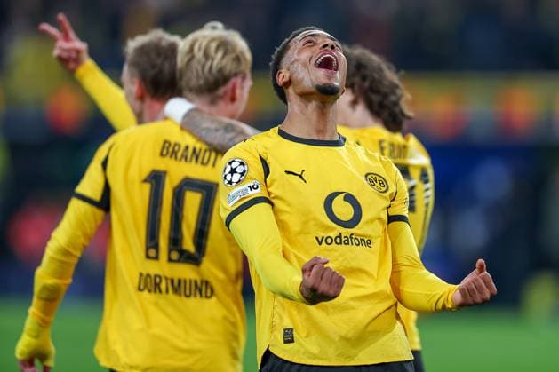 01 10 2025, Football, UEFA Champions League, Borussia Dortmund Athletic Club Bilbao, BVB Stadion, Matchday 2, Season 2025 2026 Goal celebration after the goal to 4 1 by scorer Julian Brandt BVB 10 Felix Nmecha BVB 08 cheers and lets the joy out Regulations prohibit any use of photographs as image sequences and or quasi video Nordrhein Westfalen Germany