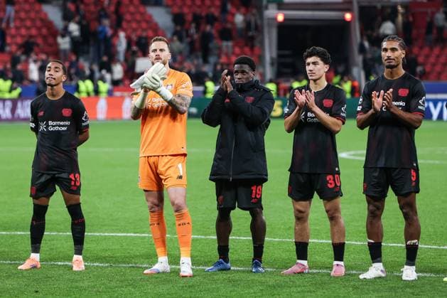Sport, Football, UEFA Champions League Season 2025 2026 League Phase 2 Matchday Bayer 04 Leverkusen PSV Eindhoven 01 10 2025, BayArena Arthur Bayer 04 Leverkusen, 13 Mark Flekken Bayer 04 Leverkusen, 1 Ernest Poku Bayer 04 Leverkusen, 19 Ibrahim Maza Bayer 04 Leverkusen, 30 Loic Bade Bayer 04 Leverkusen, 5 Leverkusen BayArena North Rhine-Westphalia Germany