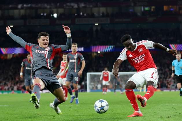 Arsenal FC v Olympiacos FC - UEFA Champions League 2025 26 League Phase MD2 Bukayo Saka of Arsenal scores 2nd goal during the UEFA Champions League 2025 26 League Phase MD2 match between Arsenal FC and Olympiacos FC at Arsenal Stadium on October 1, 2025 in London, England. London Arsenal Stadium England United Kingdom Copyright: xNigelxFrench Sportsphoto APLx 14136688