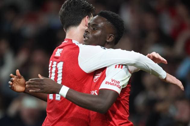 Arsenal FC v Olympiacos FC - UEFA Champions League 2025 26 League Phase MD2 Declan Rice and Bukayo Saka of Arsenal celebrate 2nd goal during the UEFA Champions League 2025 26 League Phase MD2 match between Arsenal FC and Olympiacos FC at Arsenal Stadium on October 1, 2025 in London, England. London Arsenal Stadium England United Kingdom Copyright: xNigelxFrench Sportsphoto APLx 14136693