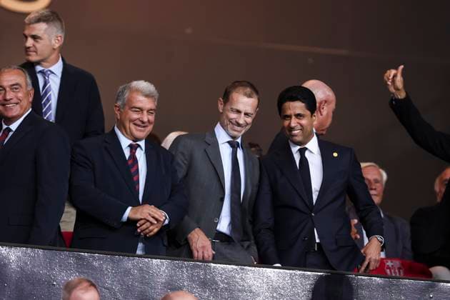 October 1, 2025, Barcelona, Barcelona, SPAIN: Joan Laporta, President of FC Barcelona, Barca Nasser Al-Khelao¯fi, President of Paris Saint-Germain and Aleksander Ceferin, President of UEFA during the UEFA Champions League 2025 26 League Phase MD2, match between FC Barcelona and Paris Saint-Germain at Estadi Olimpic Lluis Companys on October 01, 2025 in Barcelona, Spain. Barcelona SPAIN - ZUMAa181 20251001_zaa_a181_111 Copyright: xJavierxBorregox