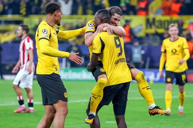 01 10 2025, Football, UEFA Champions League, Borussia Dortmund Athletic Club Bilbao, BVB Stadion, Matchday 2, Season 2025 2026 Goal celebration after the goal to 3 1 by scorer Marcel Sabitzer BVB 20 together with Serhou Guirassy BVB 09 Regulations prohibit any use of photographs as image sequences and or quasi video Nordrhein Westfalen Germany