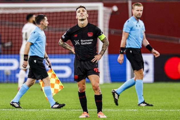 Alejandro Grimaldo of Bayer 04 Leverkusen looks dejected after draw Bayer 04 Leverkusen v PSV Eindhoven, UEFA Champions League 2025 26 League Phase MD2, Bayer 04 Leverkusen v PSV Eindhoven, BayArena, October 1, 2025, Leverkusen, Germany.